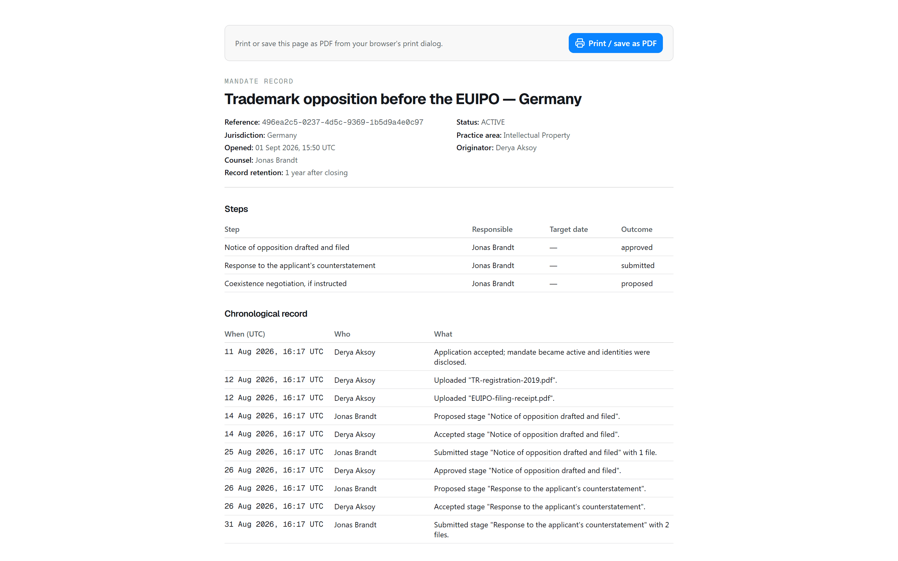 The printable mandate record: reference, jurisdiction, retention period, a table of stages, and a chronological list of every event with who did it and when.
