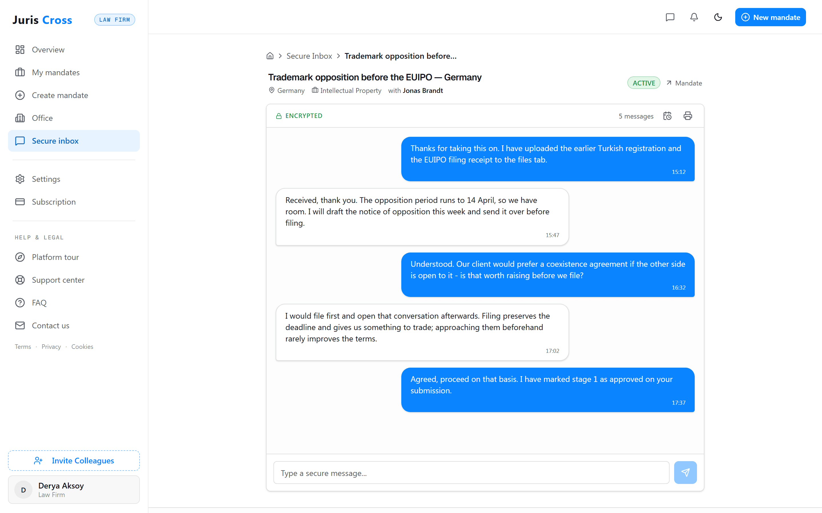 An encrypted conversation between the two parties to an active mandate, marked ENCRYPTED, with a message composer at the foot.